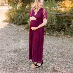 PinkBlush Burgundy Lace Mesh Maternity Maxi Dress